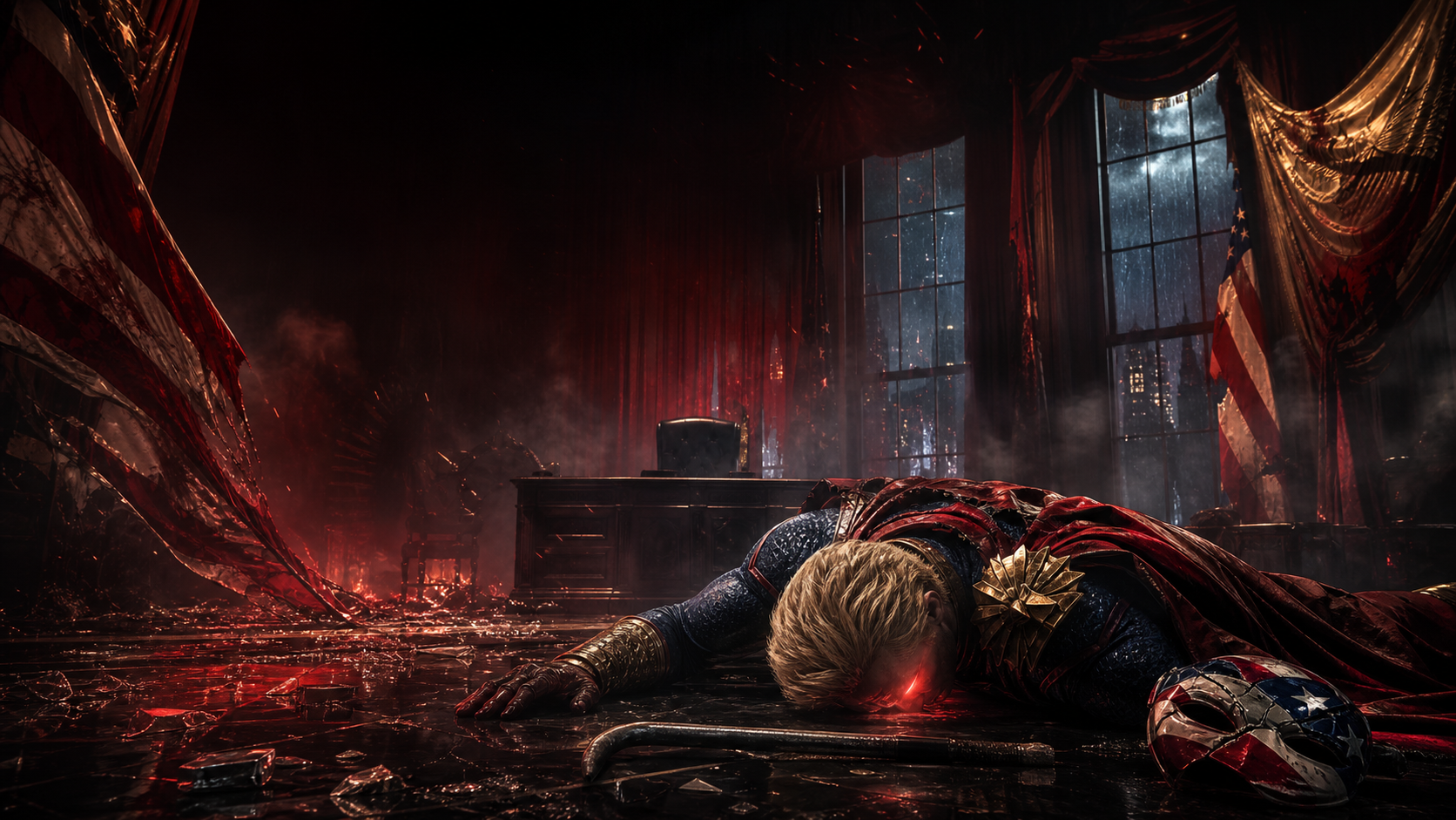 Fallen patriotic superhero in a shattered executive office